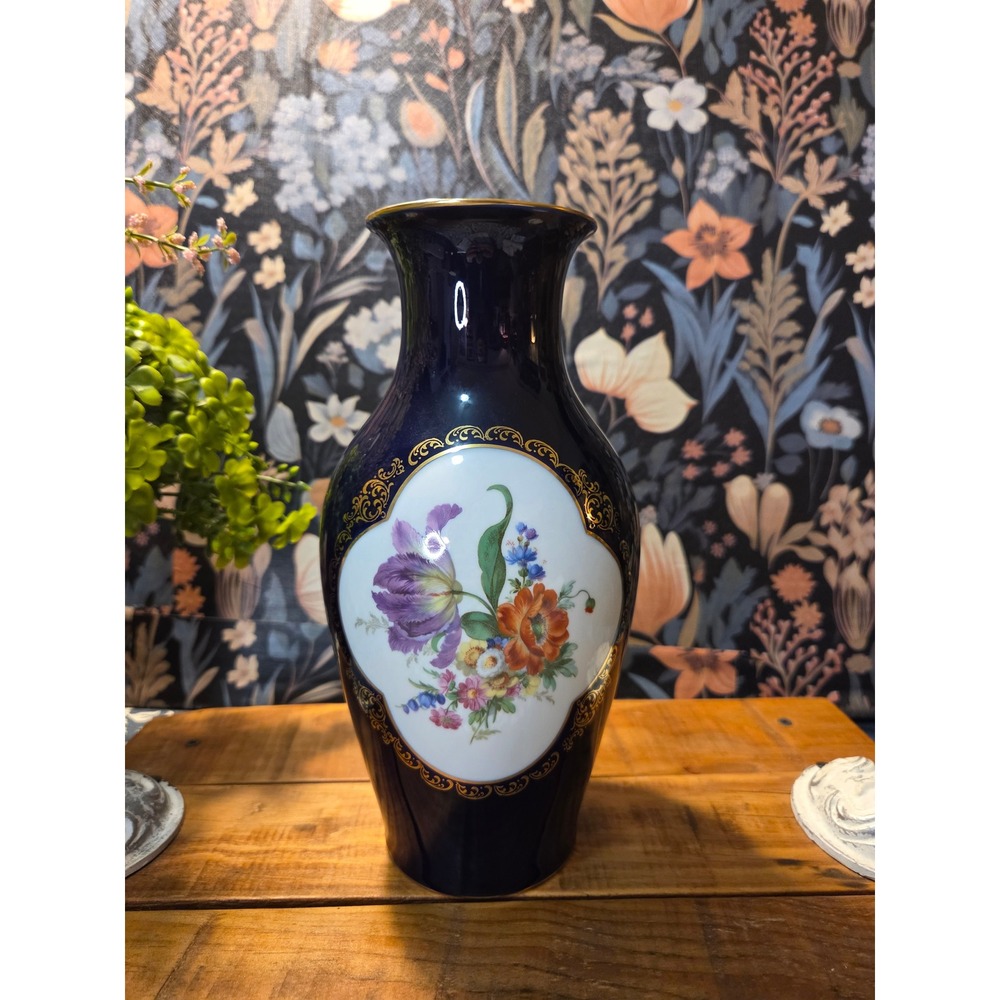 Lindner‎ Keups Porcelain Cobalt Blue Vase Floral Motif Gold Trim Western Germany